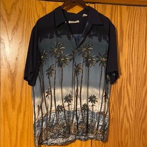 Blue and Black Casual Button Down Shirt with Scenic Tropical Design